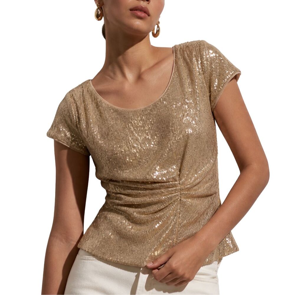 KM Collections Milla Bell Gold Sequin Top Sz 8 Ruched Blouse Party Formal Glam